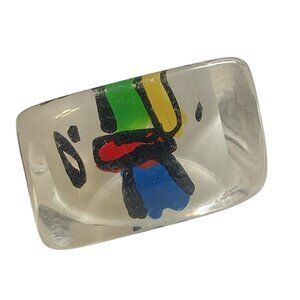 Vintage Acrylic Lucite Cocktail Ring Size 6 6.5 Blue White Geometric Hand Made
